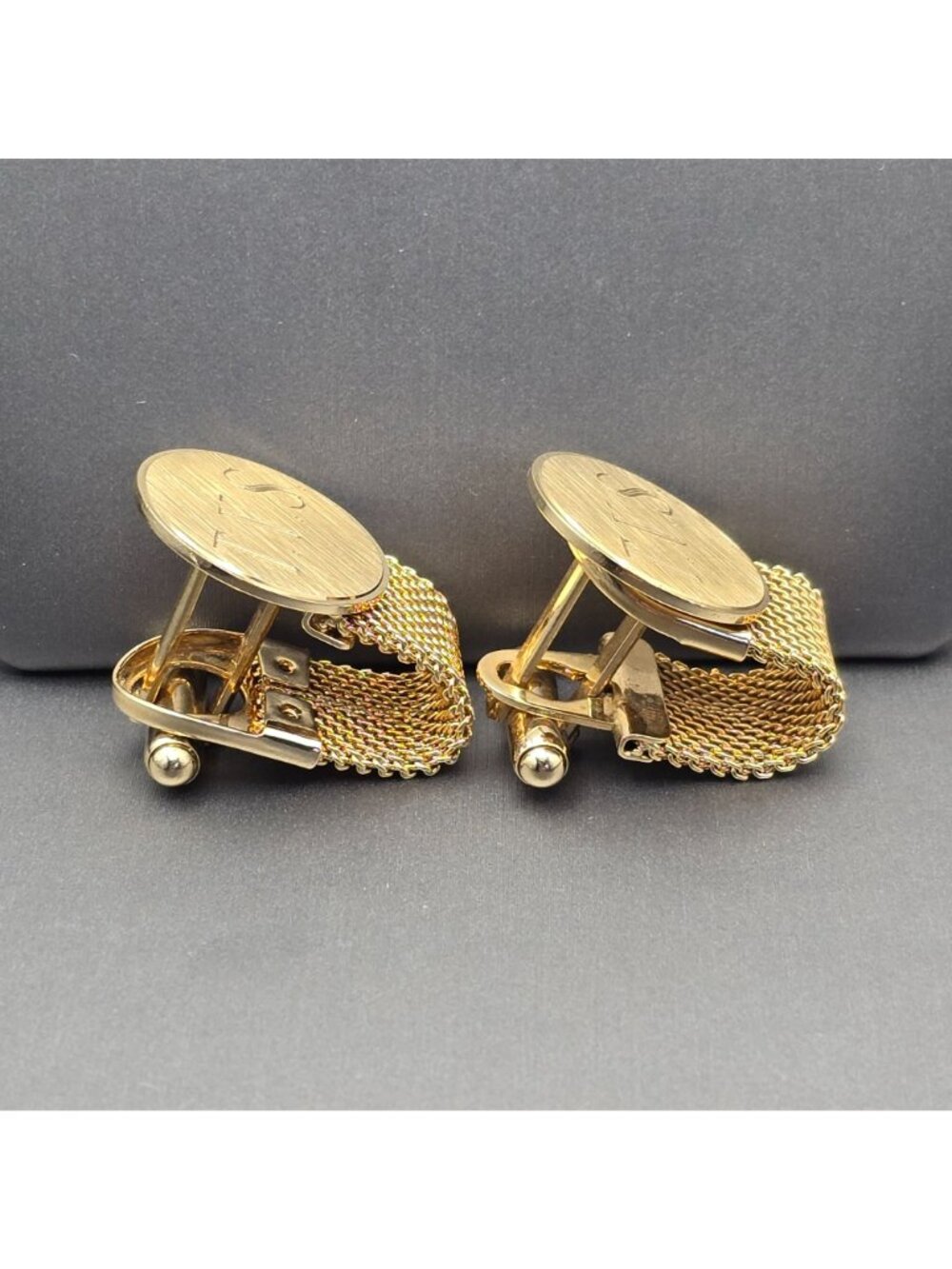 Vintage Anson Mesh Wrap Around Cufflinks Gold Tone Monogram TVS Mid Century Mod - Picture 2 of 7